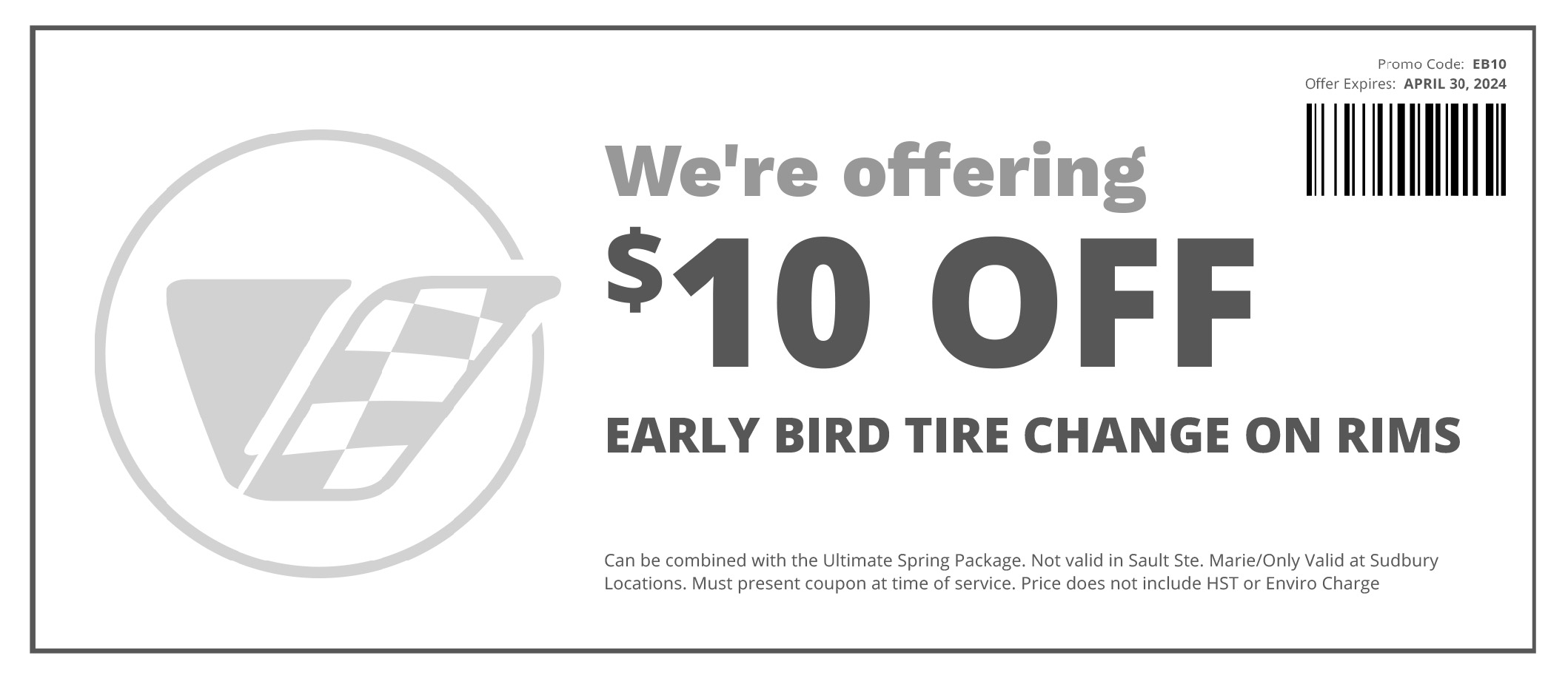 $10 off early bird tire change on rims
