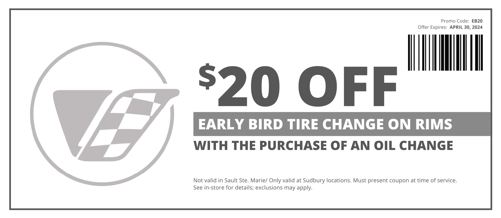$20 off early bird tire change on rims with purchase of an oil change